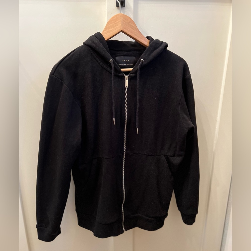 Zara Black Hoodie Zip-Up 100% Cotton Medium
